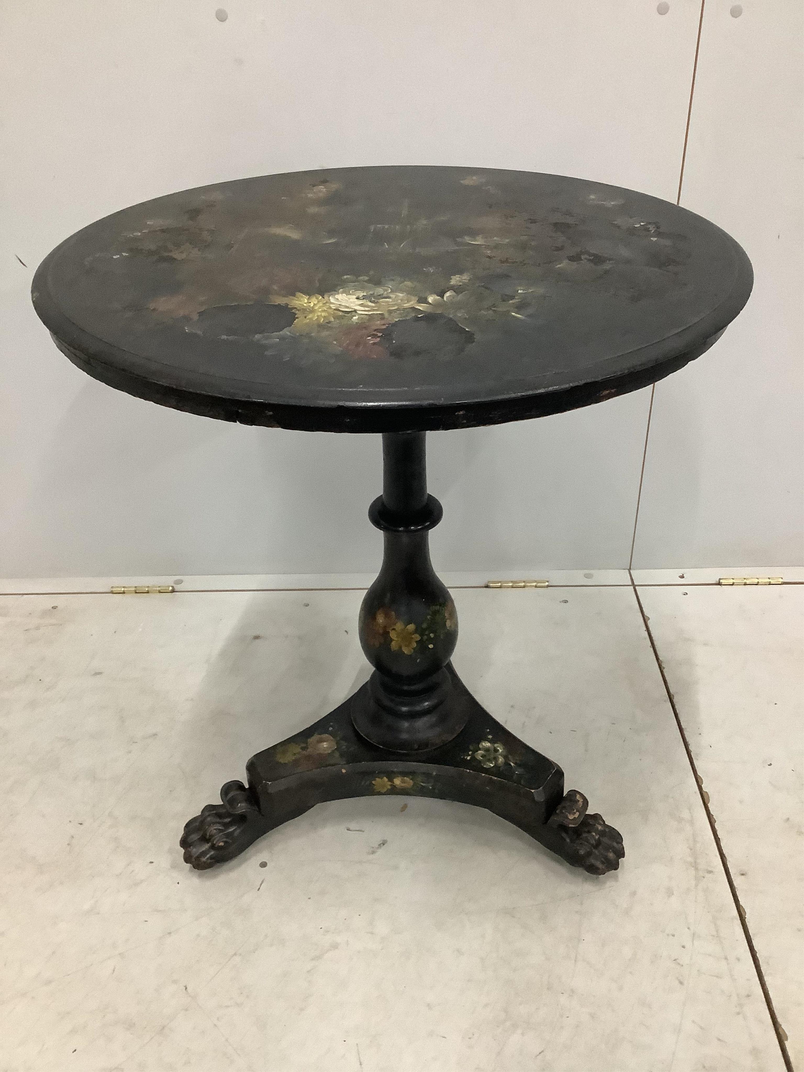 A Victorian painted and mother of pearl inlaid circular tilt top tea table, diameter 66cm, height 75cm. Condition - poor